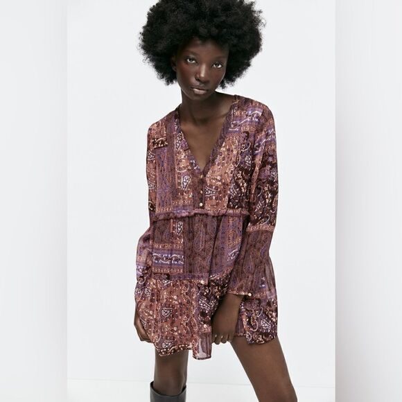 ZARA BOHO PATCHWORK PRINT MINI DRESS - Picture 2 of 12